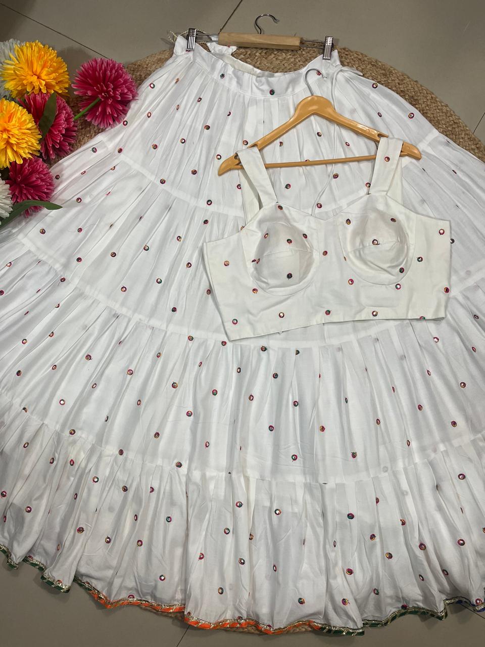 Flared White Rayon Festive Skirt Set
