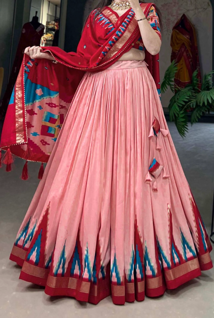 Tussar Silk Pink Festive Lehenga