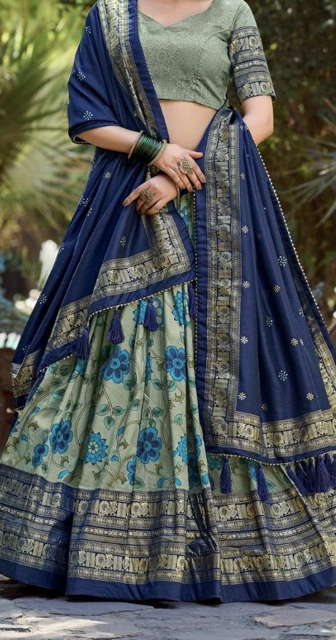 Tussar Sage Green Kalamkari Print Lehenga