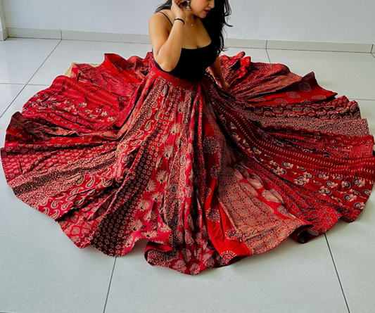 Ajrakh Cotton Maroon Flared Skirt