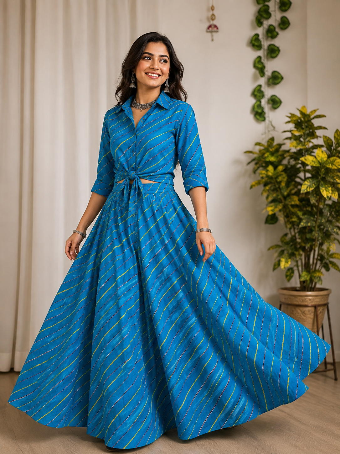 Lehariya Yellow Multi Panel Diya Cotton Indian Skirt