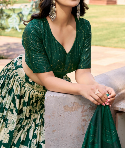 Tussar Floral Green Lehenga