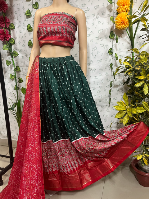 Tussar Silk Red Green Lehenga