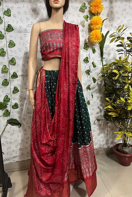 Tussar Silk Red Green Lehenga
