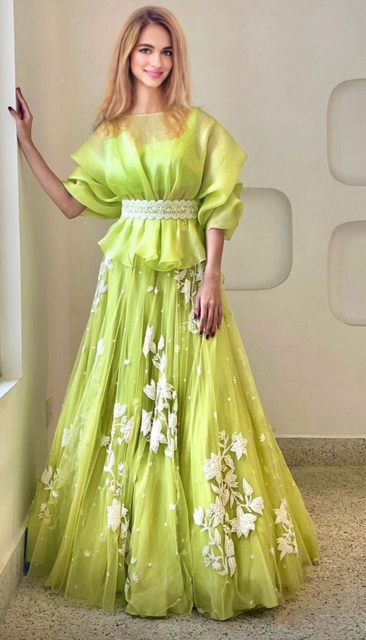 Green Net Shrug Party Wear Lehenga