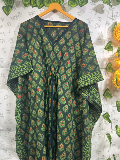 Block Print Green Cotton Kaftan