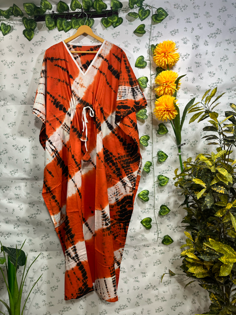Block Print Orange Cotton Kaftan