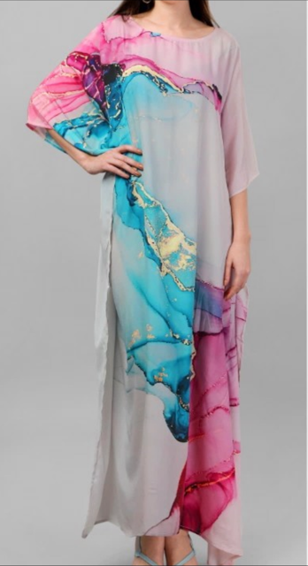Digital Print Pink Blue Silk Kaftan