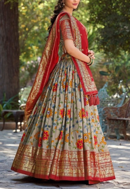 Tushar Gray Red Kalamkari Print Lehenga