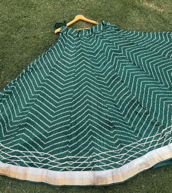 Bandhani Green Panel Silk Skirt