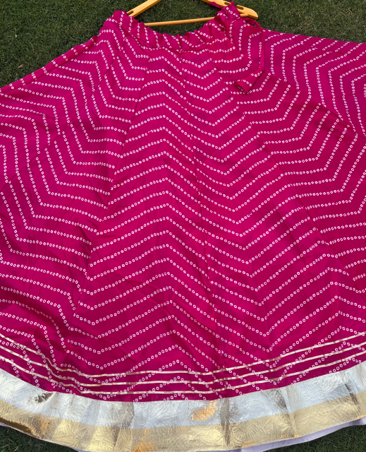 Bandhani Fuchsia Raslka Panel Silk Skirt