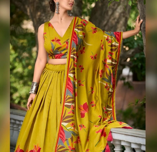 Chanderi Viscose Floral Rumi Yellow Floral Lehenga