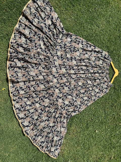 Tiered Navy Blue Printed Muslin Skirt