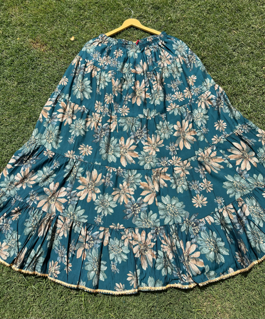 Tiered Blue Floral Muslin Skirt