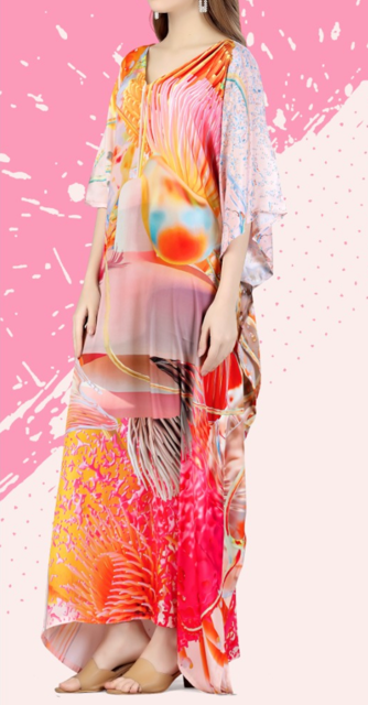 Digital Print Pink Silk Kaftan