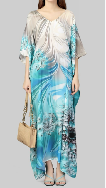 Digital Print Blue Silk Kaftan