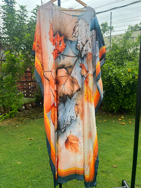 Digital Print Orange Silk Kaftan