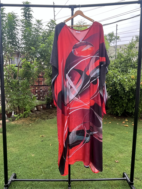 Digital Print Red Black Silk Kaftan