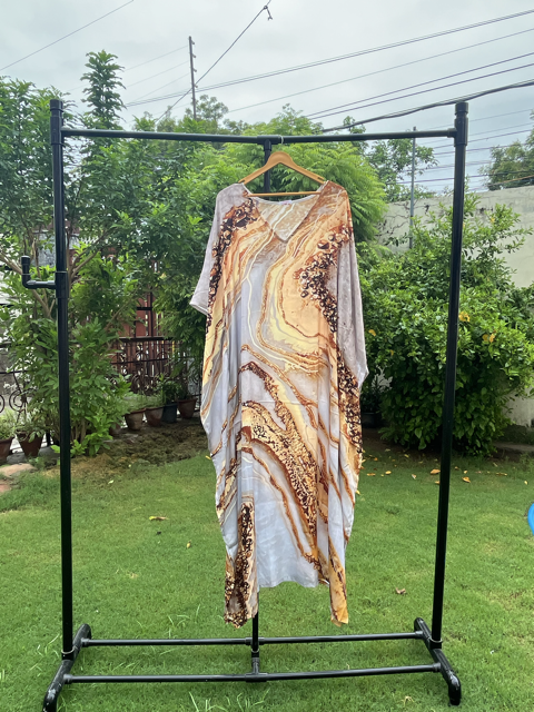 Digital Print Light Yellow Silk Kaftan
