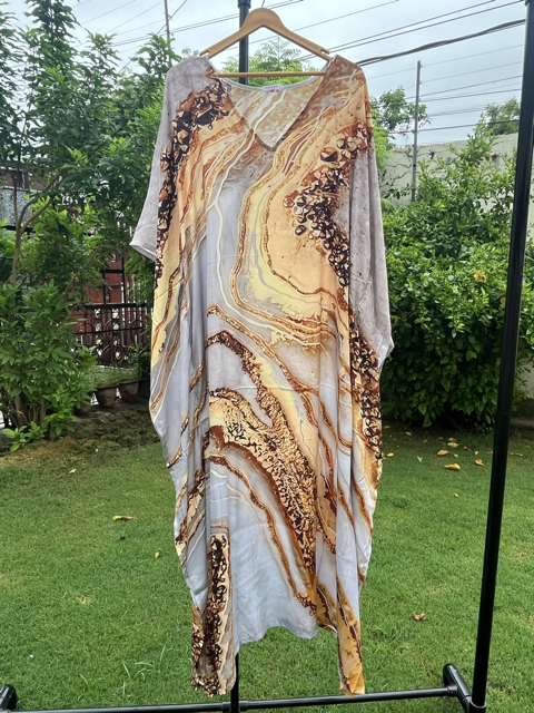 Digital Print Light Yellow Silk Kaftan