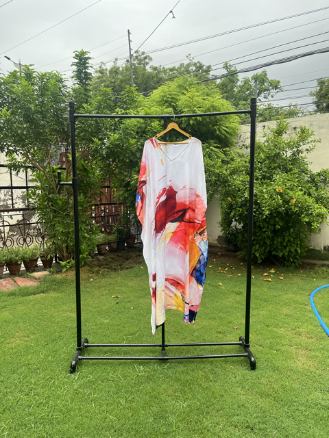 Digital Print White Red Silk Kaftan