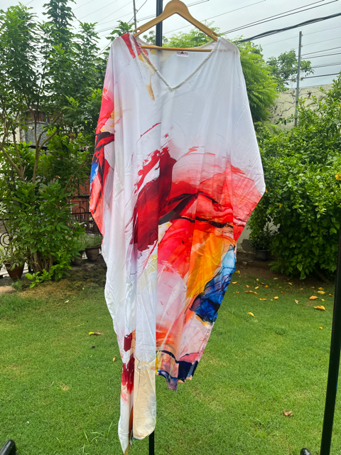 Digital Print White Red Silk Kaftan