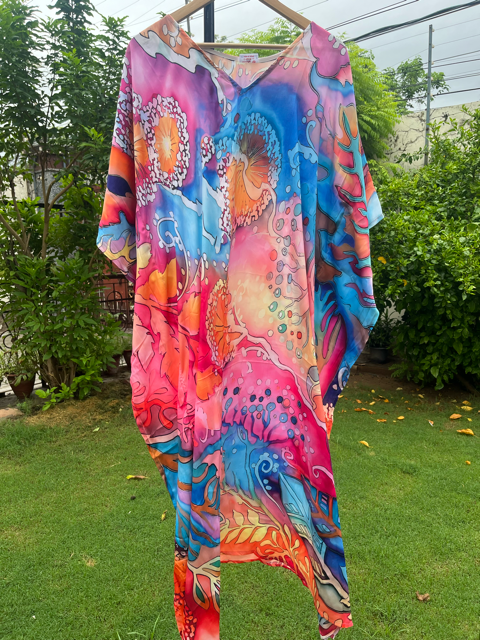 Digital Print Blue Pink Silk Kaftan