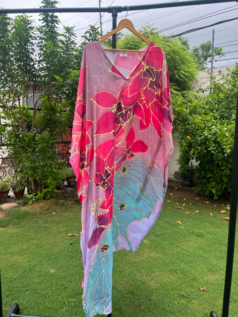 Digital Print Pink Blue Silk Kaftan