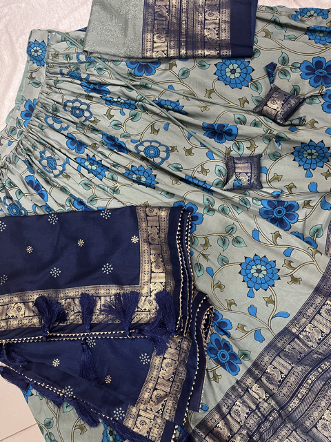 Tussar Sage Green Kalamkari print Lehenga