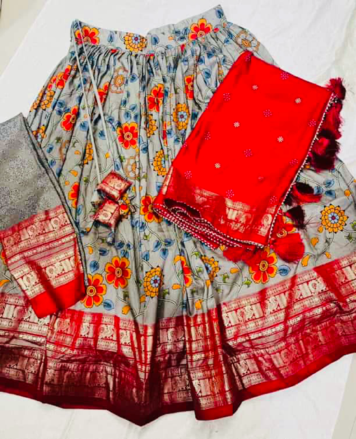 Tussar Gray Red Kalamkari Print Lehenga