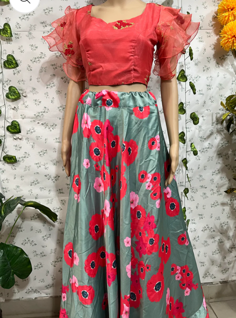 Green Jerry Satin Skirt Set