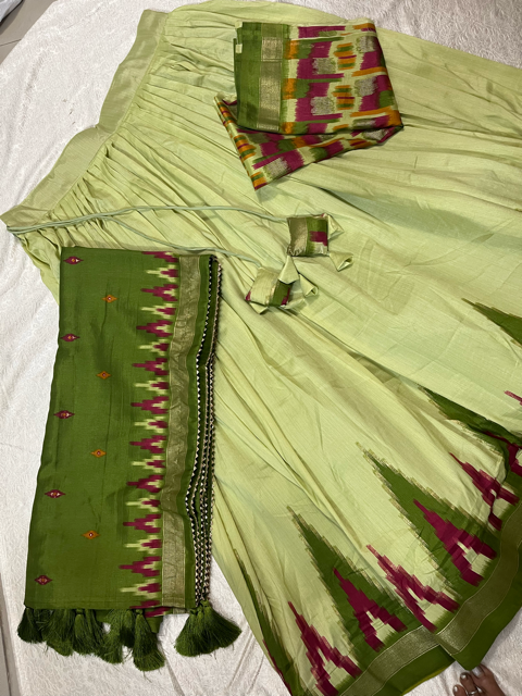 Tussar Silk Green Festive Lehenga