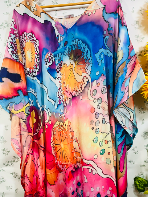 Digital Print Blue Silk Kaftan