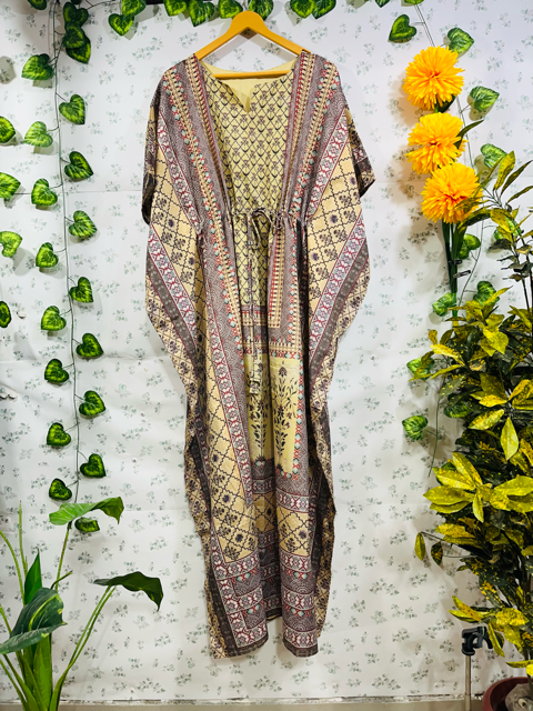 Digital Print Beige Silk Kaftan