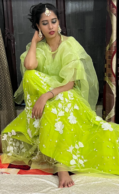 Green Net Shrug Party Wear Lehenga