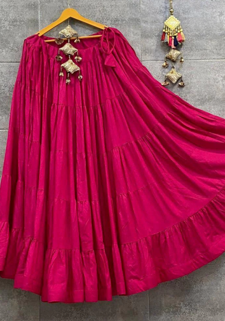 Flared Fuchsia Plain Tiered Skirt