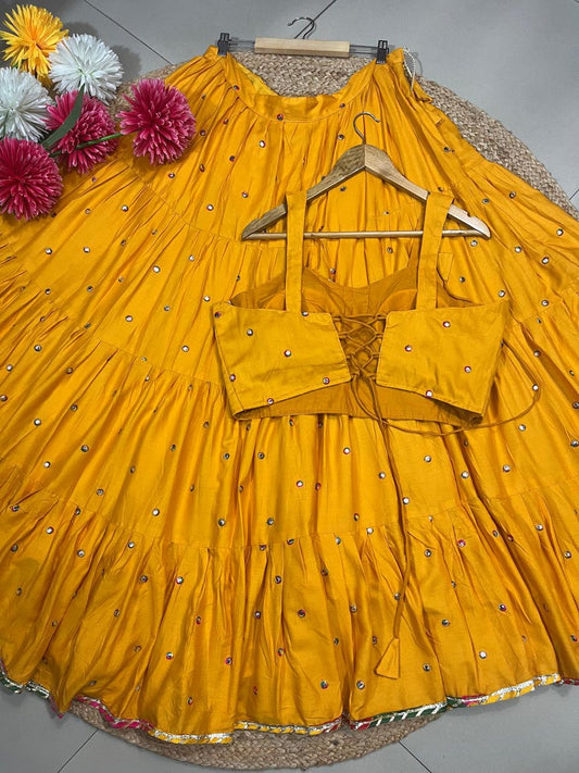 Flared Yellow Rayon Festive Skirt Set