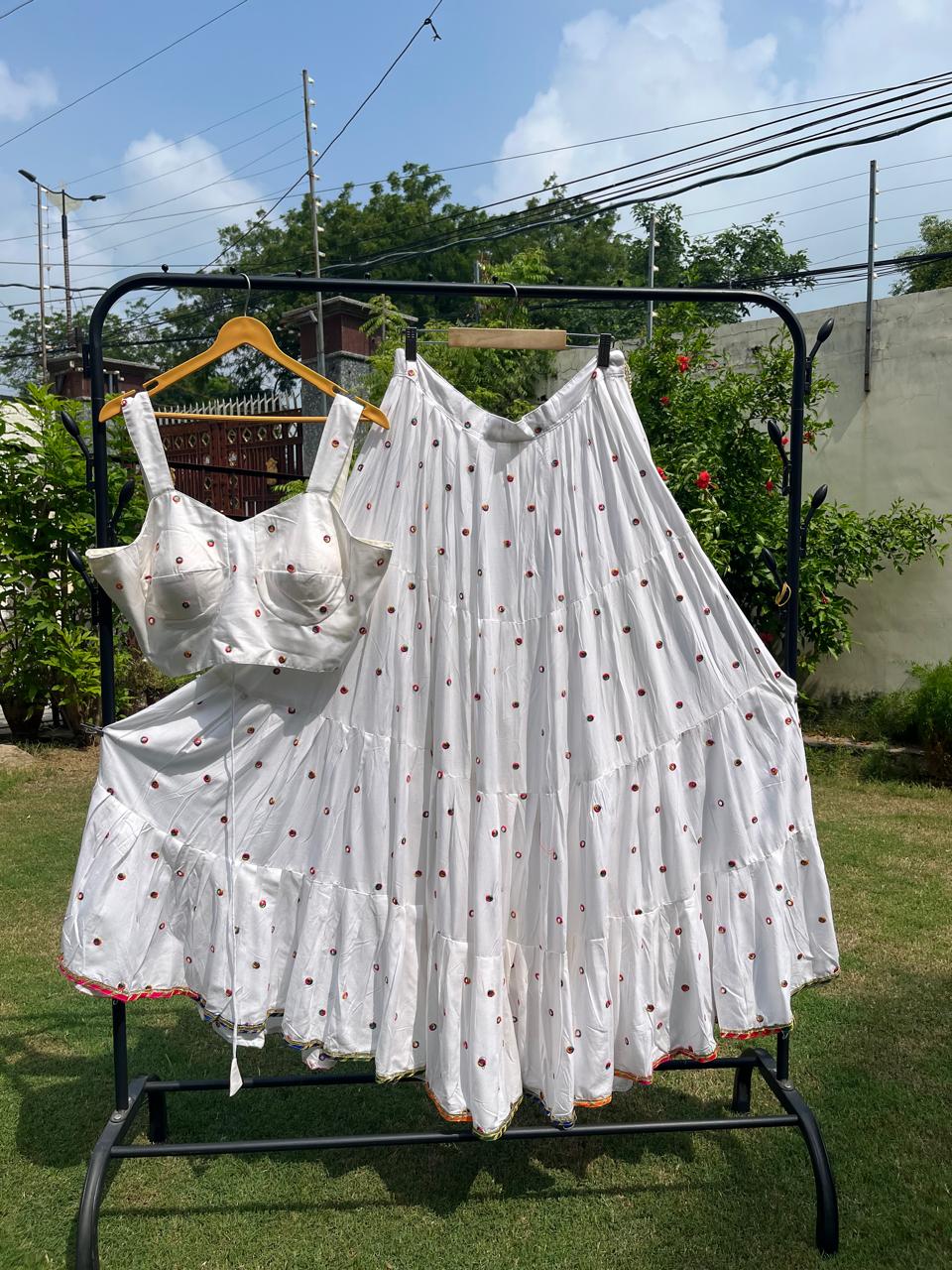 Flared White Rayon Festive Skirt Set