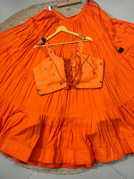 Flared Orange Ragini Rayon Festive Skirt Set