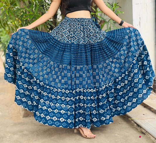 Ajrakh Tiered Rayon Blue Basanti Indian Skirt