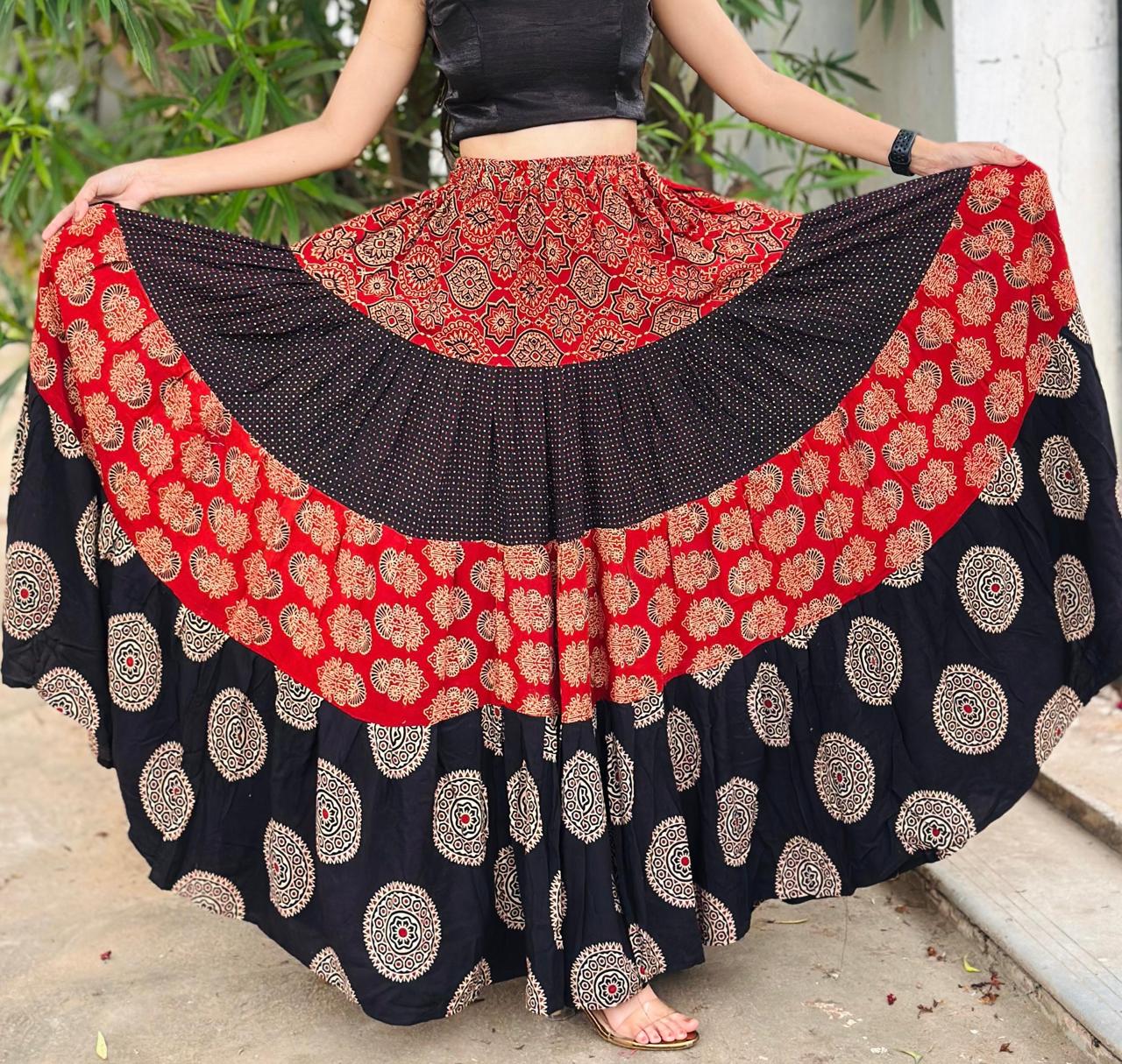 Ajrakh Tiered Rayon Black Ruchika Indian Skirt