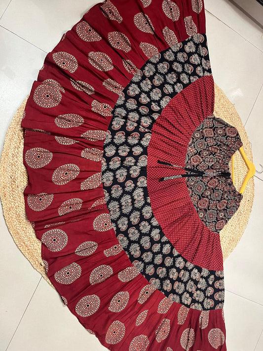 Ajrakh Tiered Rayon Maroon Romi Indian Skirt