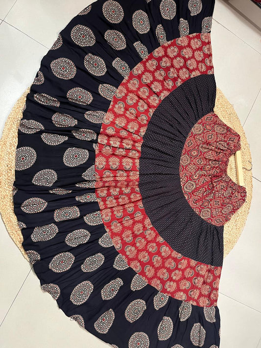 Ajrakh Tiered Rayon Black Ruchika Indian Skirt