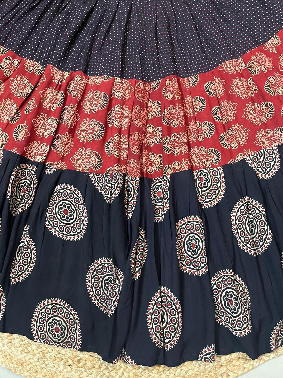Ajrakh Tiered Rayon Black Ruchika Indian Skirt