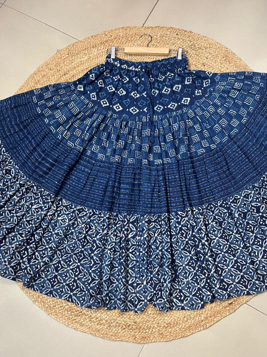 Ajrakh Tiered Rayon Blue Ginni Indian Skirt