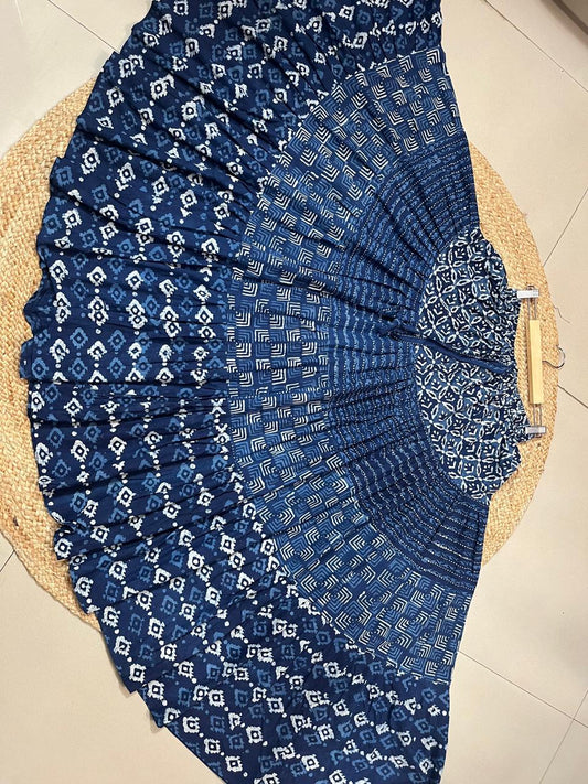 Ajrakh Tiered Rayon Blue Basanti Indian Skirt