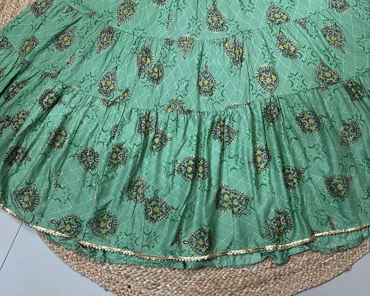 Tiered Cotton Green Kiyara Indian Skirt