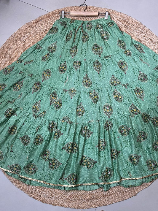 Tiered Cotton Green Kiyara Indian Skirt