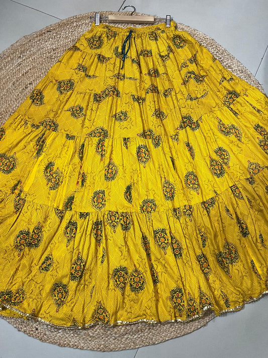 Tiered Cotton Yellow Yashi Indian Skirt