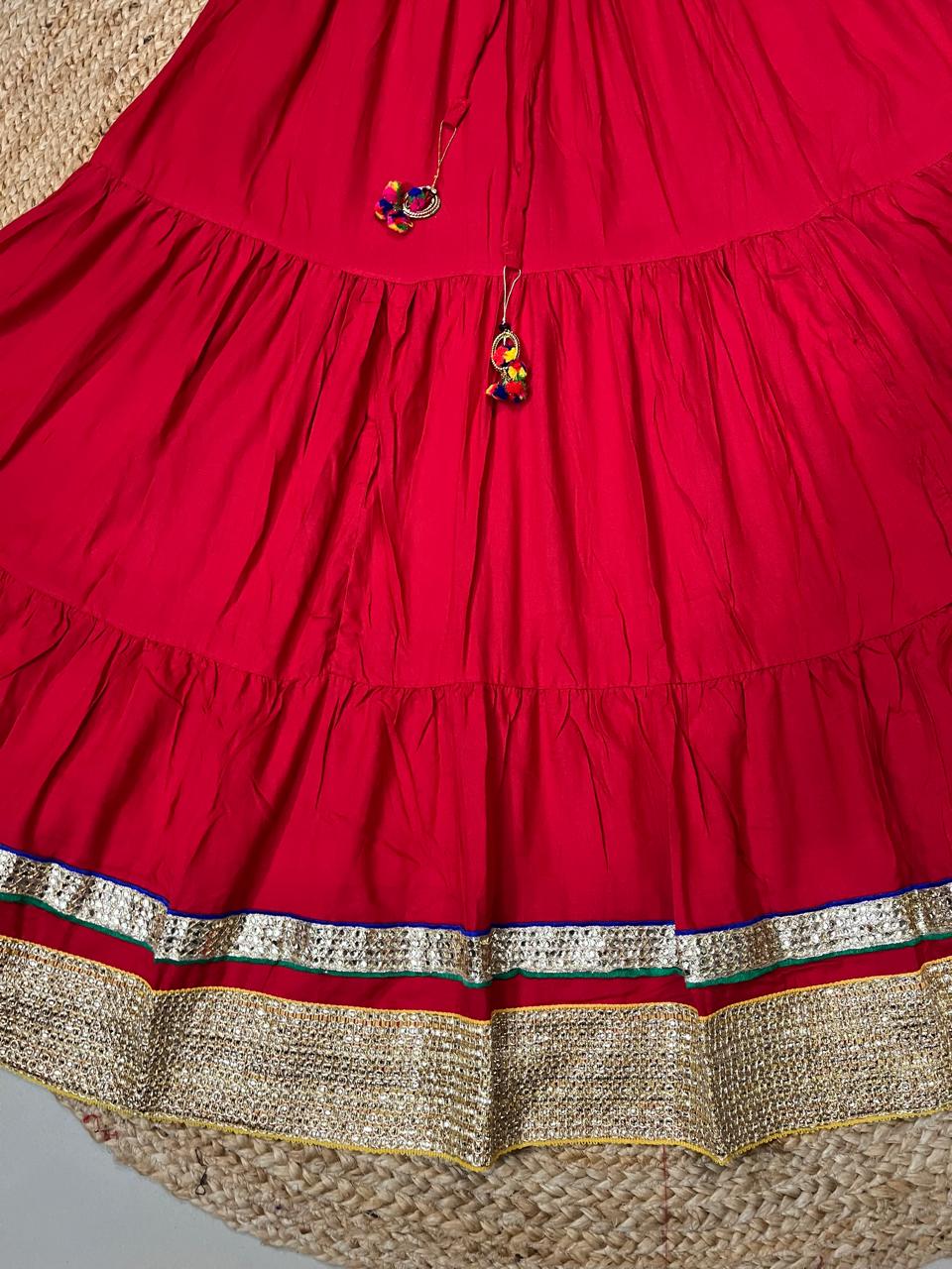 Tiered Cotton Red Mahi Indian Skirt